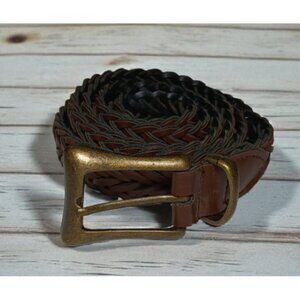 Mens Braided Weaved Brown Imitation Leather Belt Brass Buckle Adjustable 53"